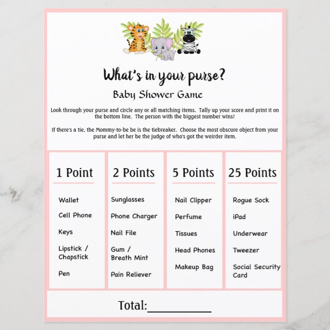 Safari Animal Baby shower Whats In Your Purse Jeu (Devant)