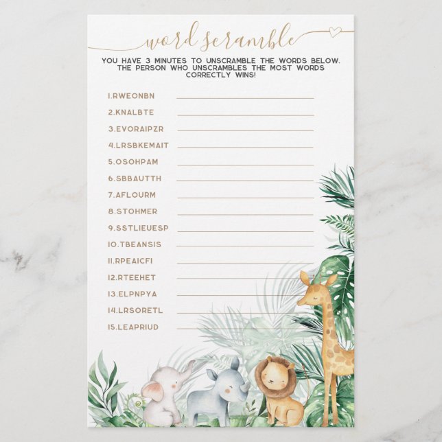 Safari Animal Greenery Baby Word Scrambule jeu (Devant)