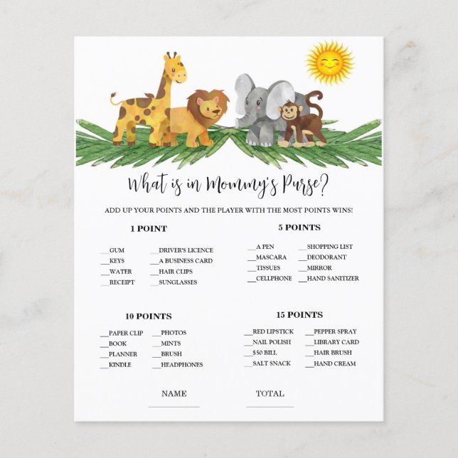 Safari Animals Mummy's Purse Baby Shower Game (Devant)