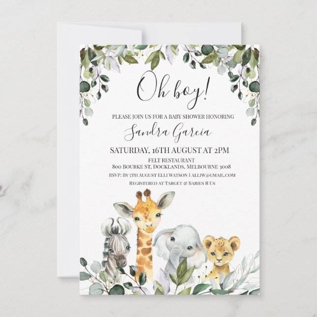 Safari Animaux avec Invitation Baby shower de Lion (Devant)