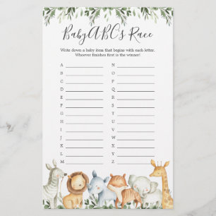 Safari Animaux Baby shower ABC's Race Game