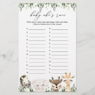 Safari Animaux Baby shower ABC's Race Game
