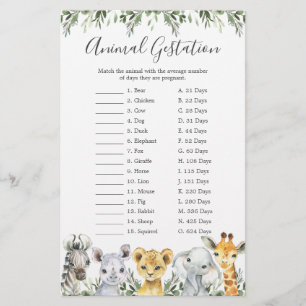 Safari Animaux Baby shower Animal Gestation Jeu