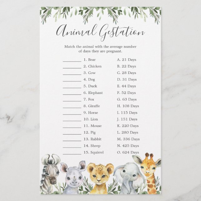 Safari Animaux Baby shower Animal Gestation Jeu (Devant)