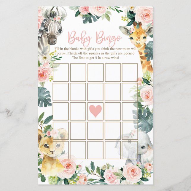 Safari Animaux Baby shower Bingo Cartes Fille (Devant)