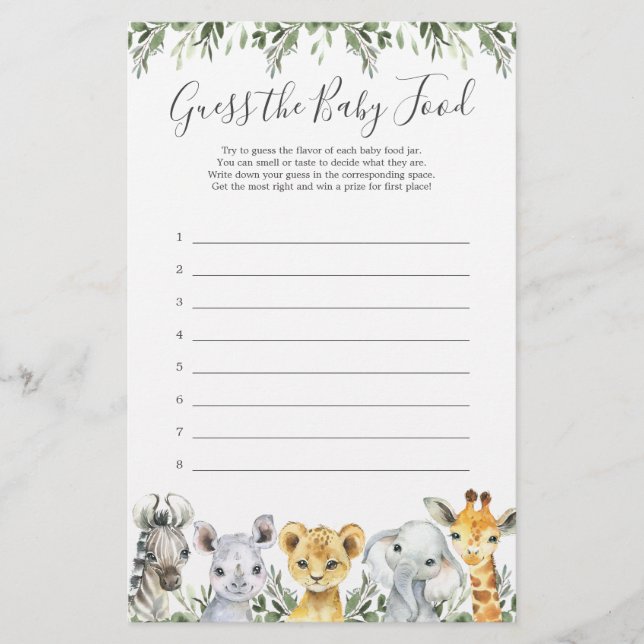 Safari Animaux Baby shower Devinez La Nourriture P (Devant)