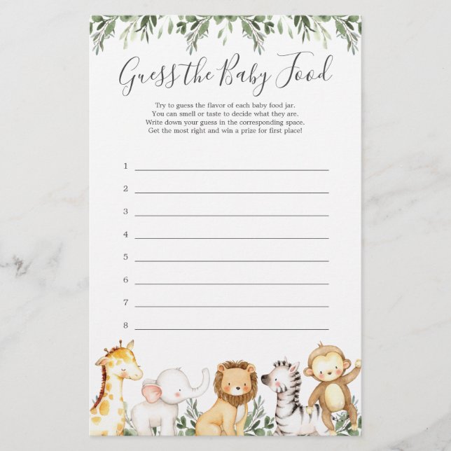 Safari Animaux Baby shower Devinez La Nourriture P (Devant)