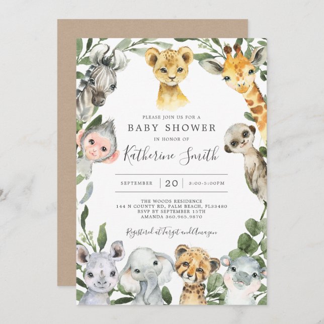 Safari Animaux Baby shower Invitation (Devant / Derrière)