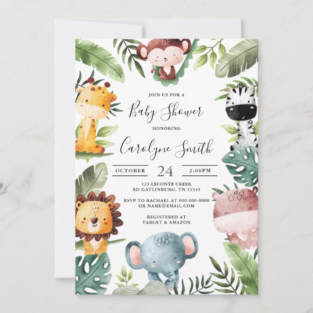 safari animaux baby shower invitation (Devant)