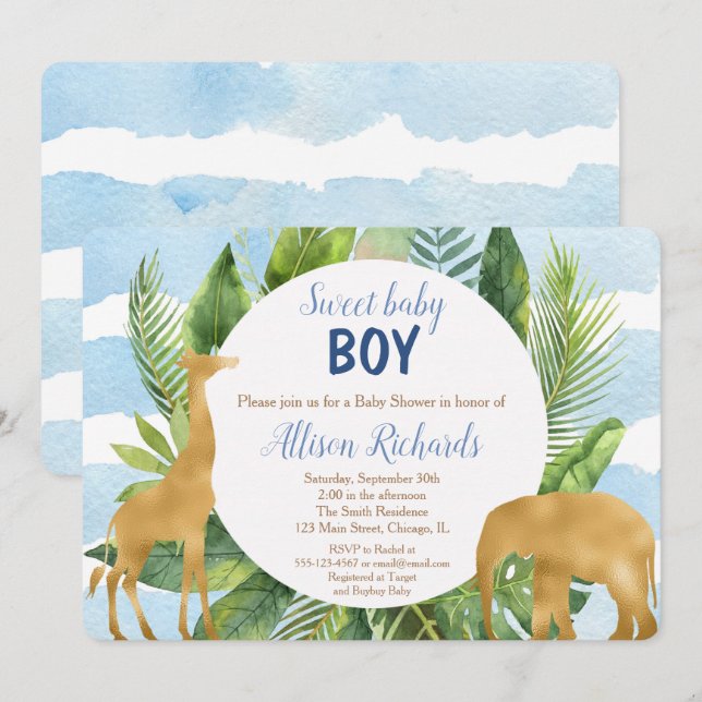 Safari animaux baby shower invitation garçon (Devant / Derrière)