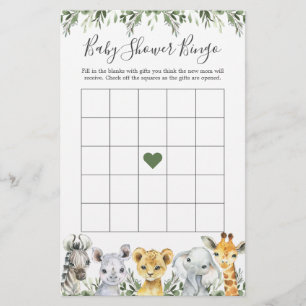 Safari Animaux Baby shower Jeu de Bingo