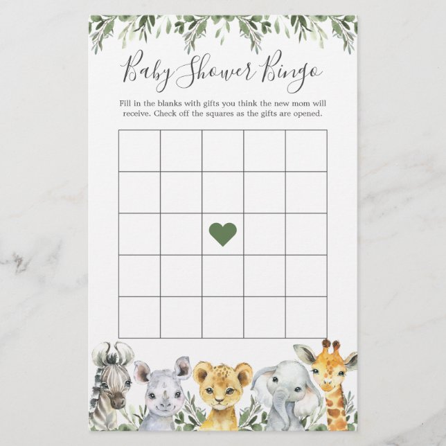 Safari Animaux Baby shower Jeu de Bingo (Devant)
