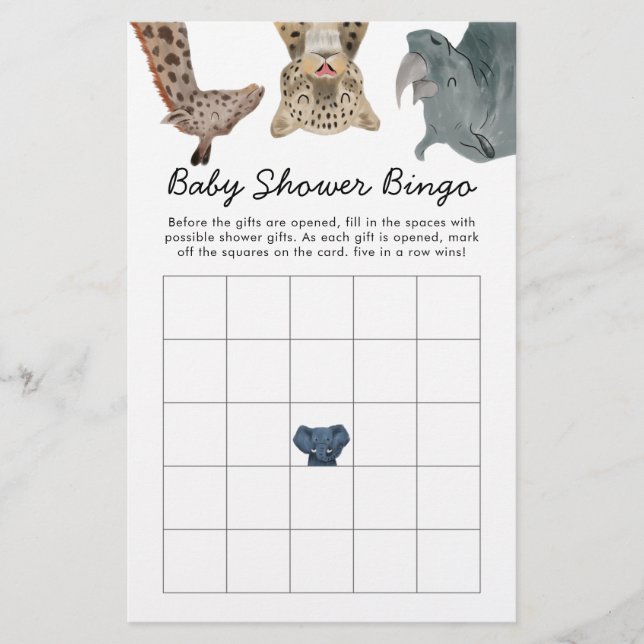 Safari Animaux Baby shower Jeu de Bingo (Devant)