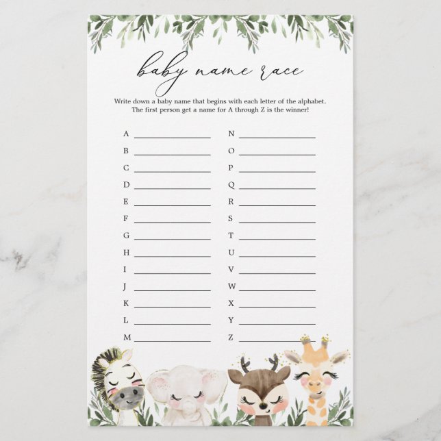 Safari Animaux Baby shower Nom de course Jeu (Devant)