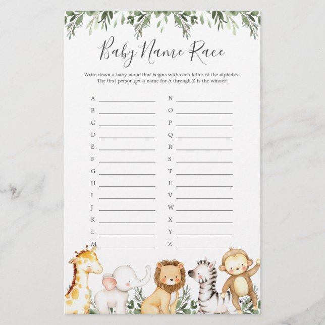 Safari Animaux Baby shower Nom de course Jeu (Devant)