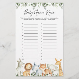 Safari Animaux Baby shower Nom de course Jeu