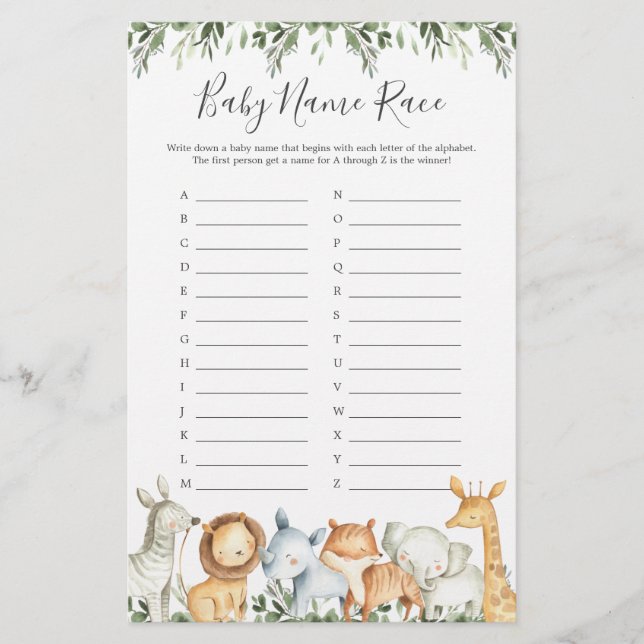 Safari Animaux Baby shower Nom de course Jeu (Devant)