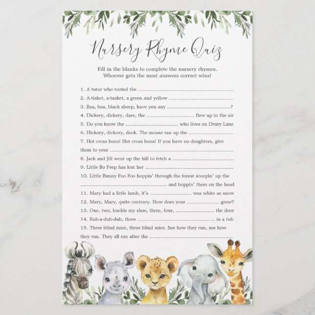 Safari Animaux Baby shower Nursery Rhyme Jeu (Devant)