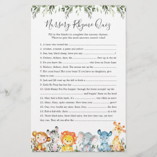 Safari Animaux Baby shower Nursery Rhyme Jeu