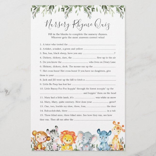 Safari Animaux Baby shower Nursery Rhyme Jeu (Devant)