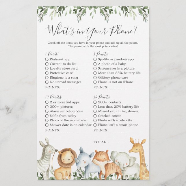 Safari Animaux Baby shower Qu'est-ce que votre tél (Devant)