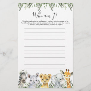 Safari Animaux Baby shower Qui Suis-Je Jeu