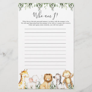 Safari Animaux Baby shower Qui Suis-Je Jeu