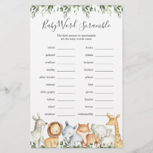 Safari Animaux Baby shower Word Scramble Jeu