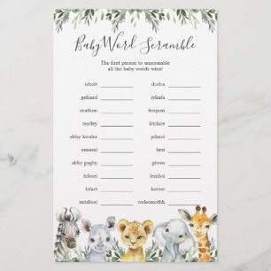 Safari Animaux Baby shower Word Scramble Jeu