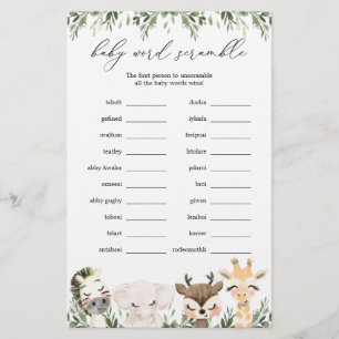 Safari Animaux Baby shower Word Scramble Jeu