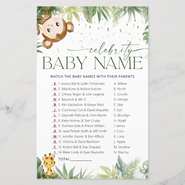 Safari Animaux Celebrity Baby Name Carte de jeu (Devant)