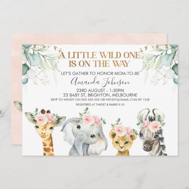 Safari Animaux Gold Foliage Baby shower Invitation (Devant / Derrière)