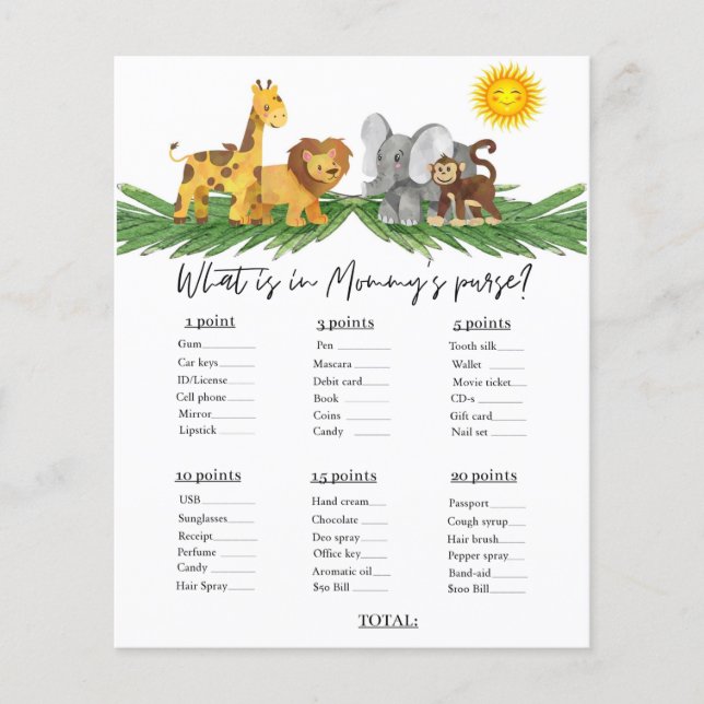 Safari Animaux Mummy's Purse Baby shower Jeu (Devant)