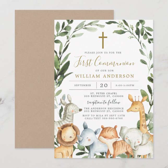Safari Animaux Première communion Invitation (Devant / Derrière)