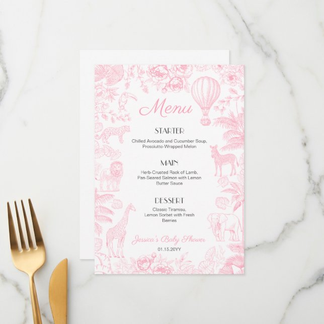 Safari Animaux Toile De Jouy Baby shower Menus (Devant/Arrière en situation)