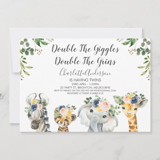 Safari Animaux Twins Baby shower Invitation (Devant)