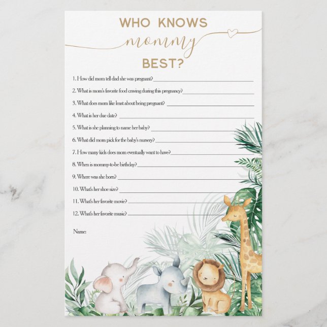 Safari Baby Animal Greenery Baby Shower game (Devant)