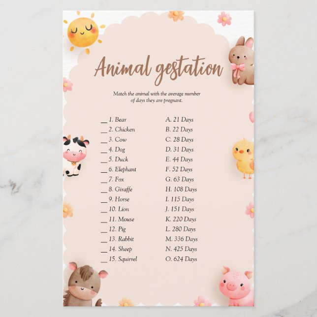 Safari Baby shower Animal Gestation Jeu (Devant)