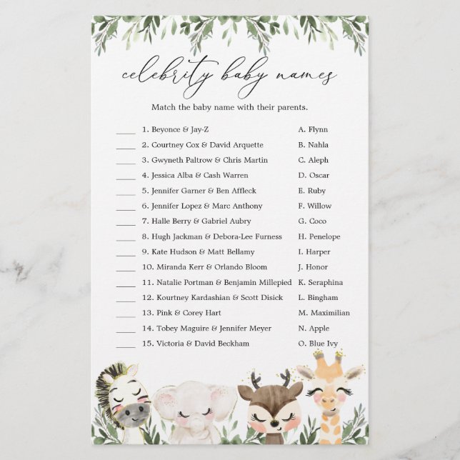 Safari Baby shower Celebrity Baby Names Jeu (Devant)