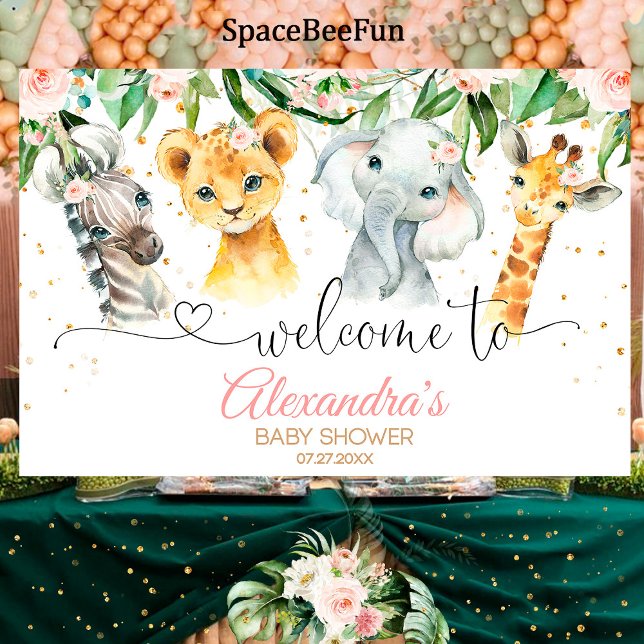Safari Baby shower fille fond de page bannière Bie (Safari Baby Shower girl,safari animals,Backdrop Banner,Welcome sign,leon elephant,giraffe zebra,bann)