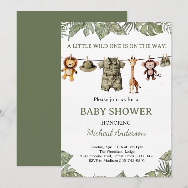 Safari Baby Shower Invitation Boy Green (Devant / Derrière)