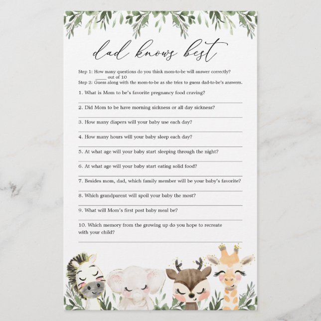 Safari Baby shower Papa connaît le meilleur jeu (Devant)