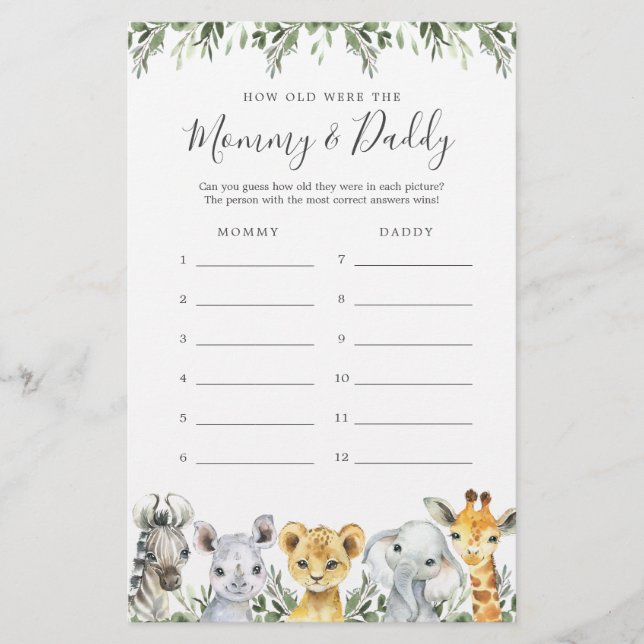 Safari Baby shower Quel Âge Avaient-Ils Jeu Carte (Devant)