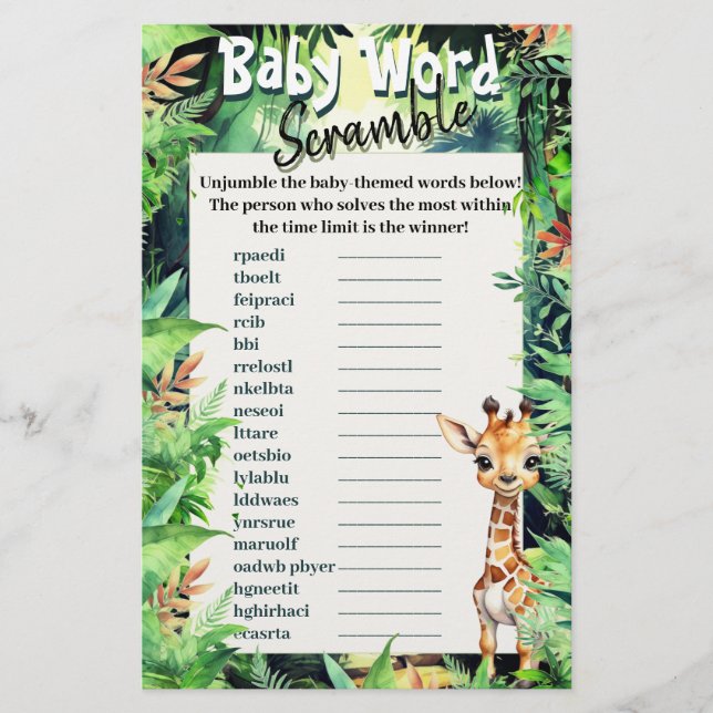 Safari Baby shower Word Scramble Giraffe Green (Devant)