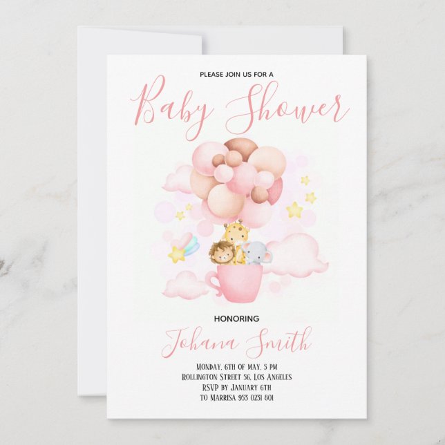 Safari Ballon rose mignonne Baby shower Invitation (Devant)