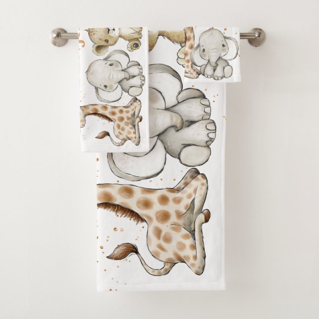 Safari Bébé Animaux avec nom Ensemble de serviette (En situation)