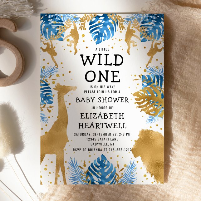 Safari Boy Baby shower Blue Gold Invitation (Créateur téléchargé)