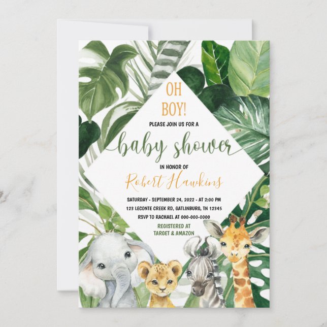 Safari dans la Jungle Baby shower Invitation Garço (Devant)