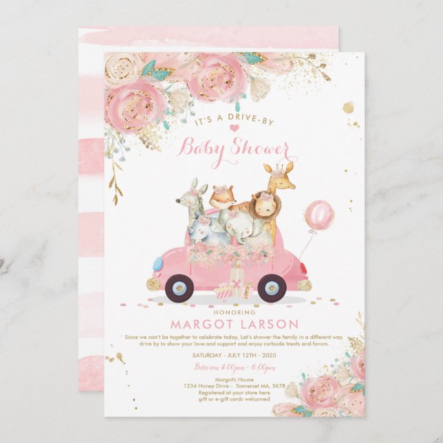 Safari Drive Par Baby shower Invitation Rose Flora (Devant / Derrière)