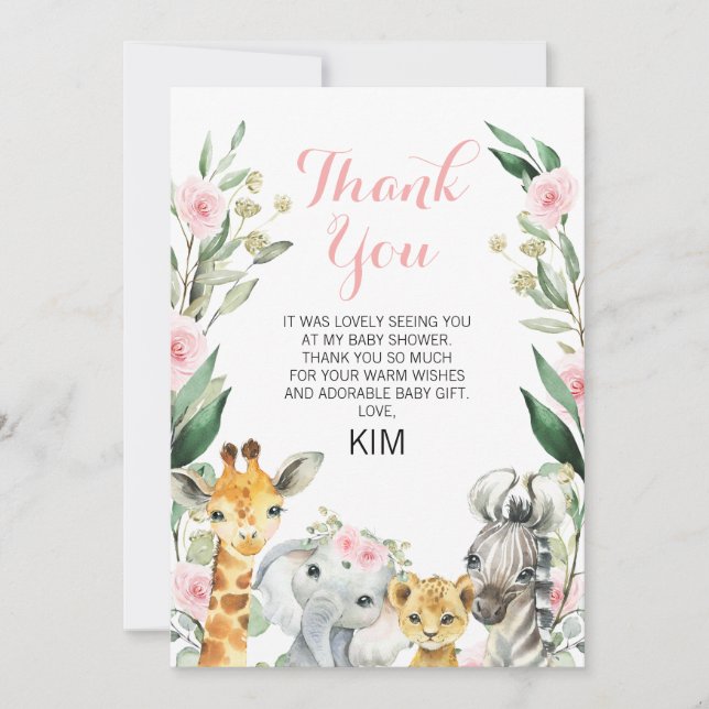 Safari Floral Baby shower Carte de remerciements (Devant)